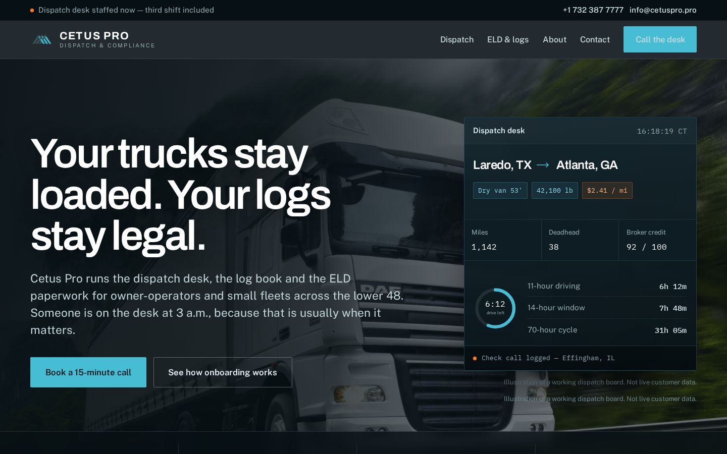 The cetuspro.pro home page on a desktop screen: the headline “Your trucks stay loaded. Your logs stay legal.” over a photo of a truck, buttons to book a 15-minute call or see how onboarding works, and a dispatch desk panel for a Laredo, TX to Atlanta, GA load with hours-of-service clocks.