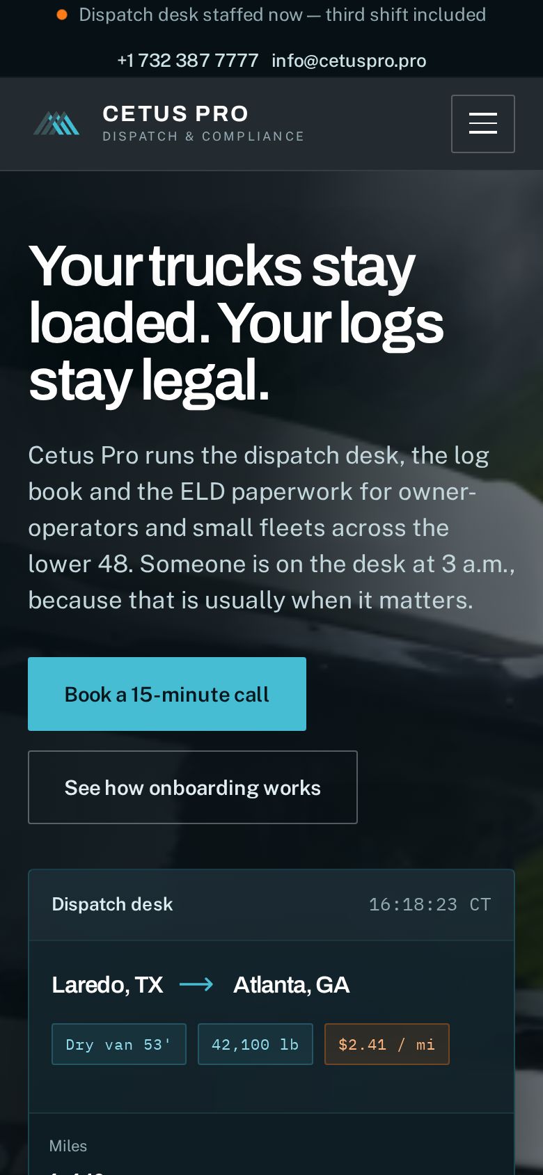 The cetuspro.pro home page on a phone: the Cetus Pro header and the headline “Your trucks stay loaded. Your logs stay legal.” with the booking button below.