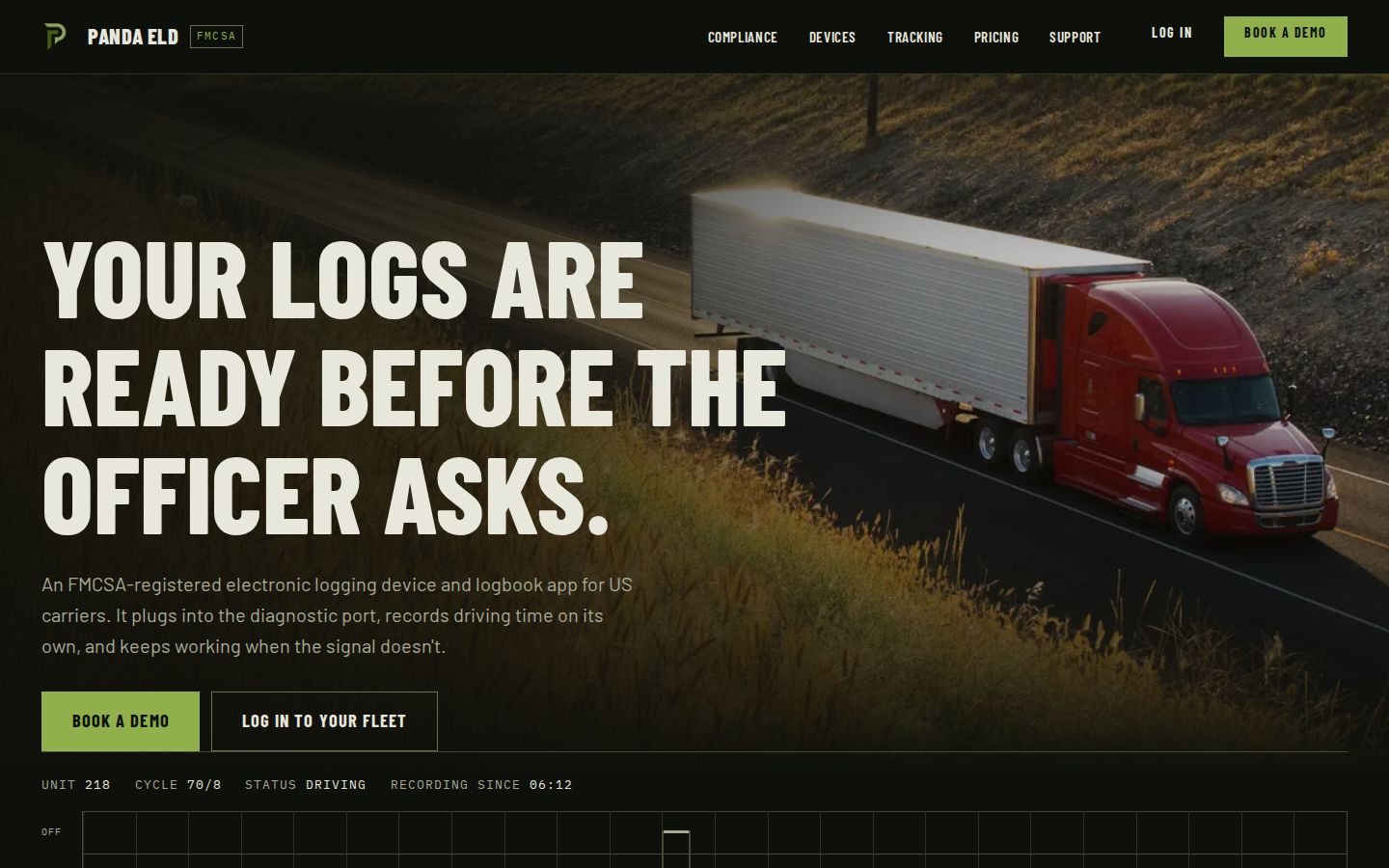 The pandaeld.com home page on a desktop screen: the headline “Your logs are ready before the officer asks.” in white capitals on a dark photo of a truck, buttons to book a demo or log in to your fleet, and a duty-status graph for unit 218.