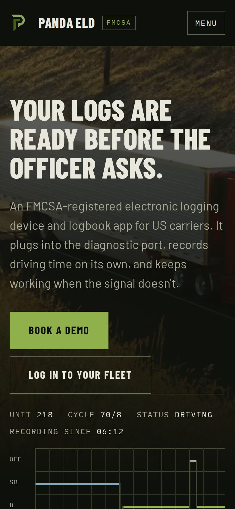 The pandaeld.com home page on a phone: the Panda ELD header with the FMCSA badge, the headline “Your logs are ready before the officer asks.”, and the buttons to book a demo or log in to your fleet.
