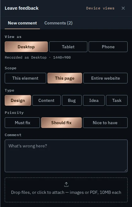 The comment panel on a staging page: view as desktop, tablet or phone; scope; type; priority; a comment box and file upload