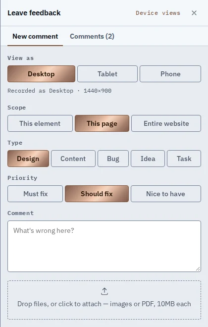 The comment panel on a staging page: view as desktop, tablet or phone; scope; type; priority; a comment box and file upload
