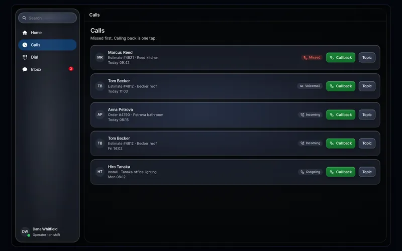 Secureline on a desktop, dark theme, with example data: the Calls list with missed, voicemail, incoming and outgoing calls, each with a Call back button and its topic