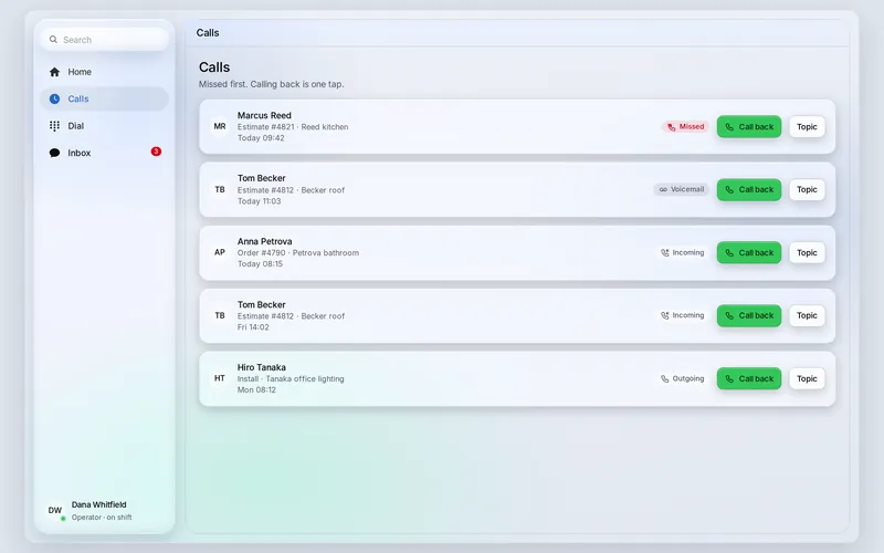 Secureline on a desktop, light theme, with example data: the Calls list with missed, voicemail, incoming and outgoing calls, each with a Call back button and its topic