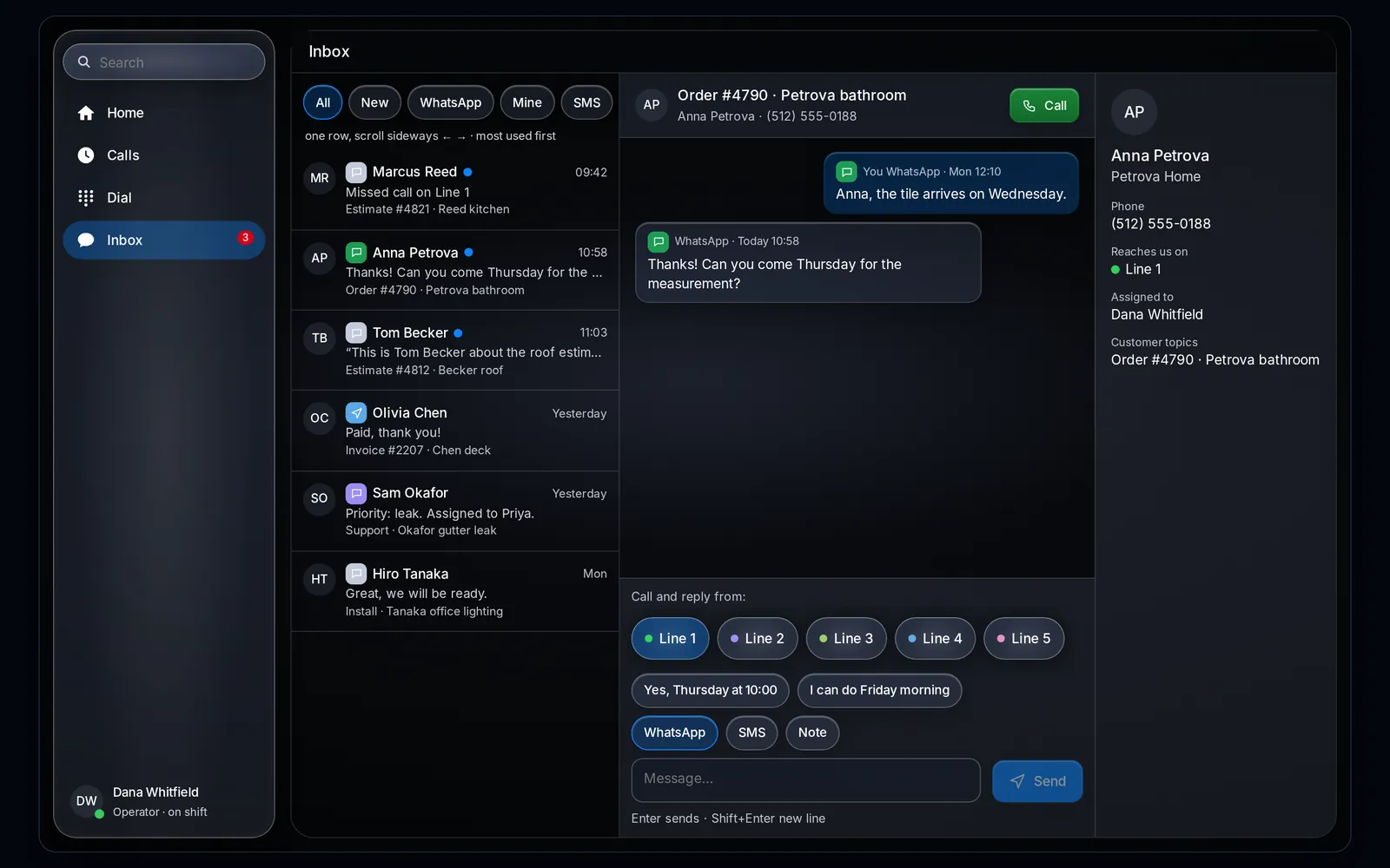 Secureline on a desktop, dark theme, with example data: sections on the left, the inbox of calls and messages with each customer topic, and an open conversation with Call and reply from five business lines