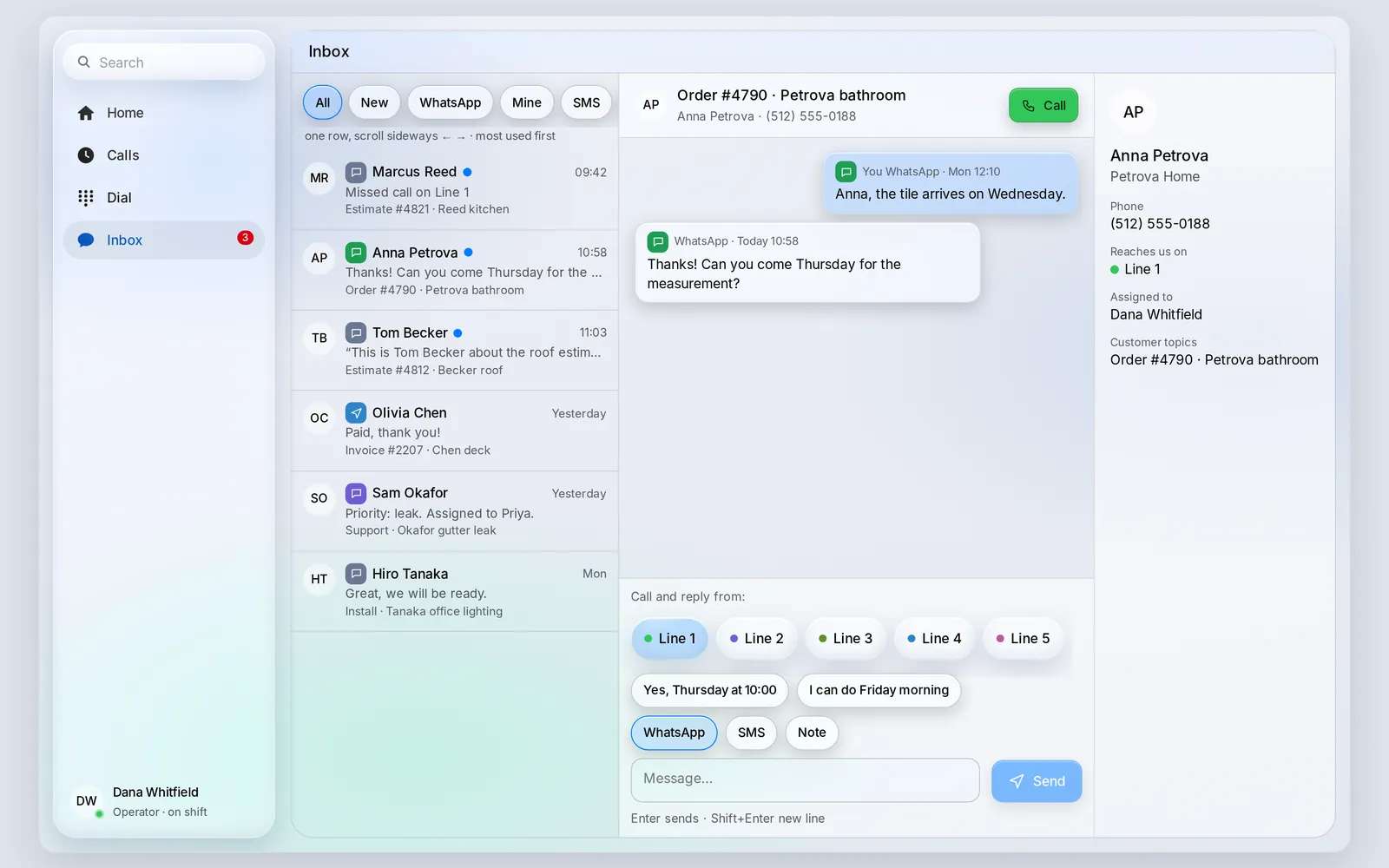 Secureline on a desktop, light theme, with example data: sections on the left, the inbox of calls and messages with each customer topic, and an open conversation with Call and reply from five business lines