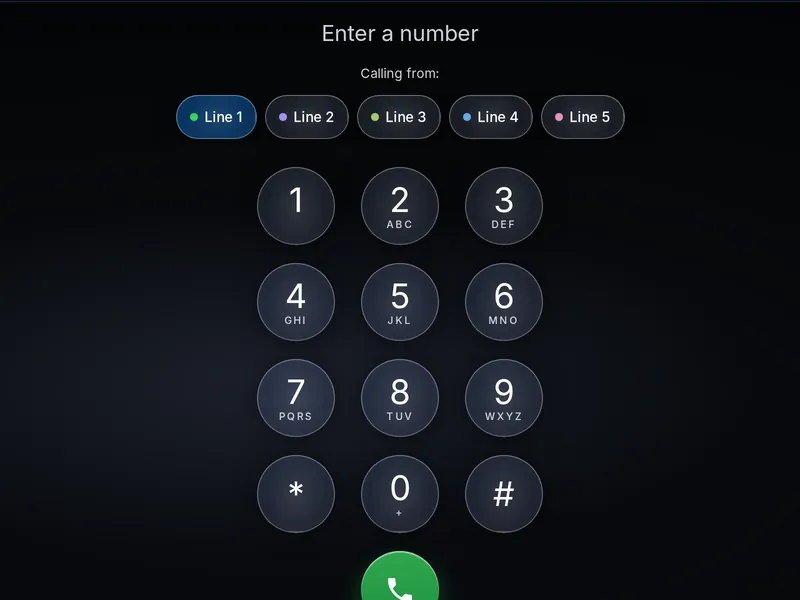 Secureline keypad with example data: Calling from, a choice of Line 1 to Line 5, above the number keys