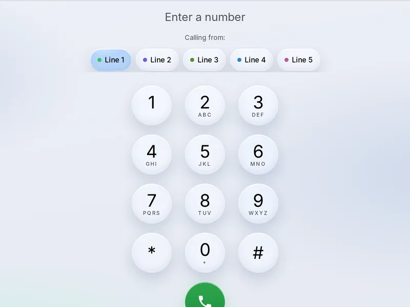 Secureline keypad with example data: Calling from, a choice of Line 1 to Line 5, above the number keys