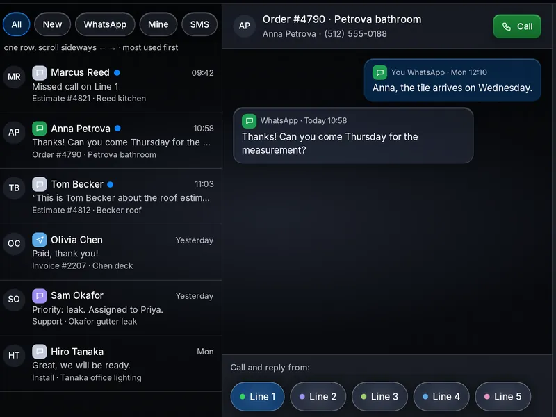Secureline inbox with example data: each conversation under its topic, such as an order or an estimate, and one topic open with its messages