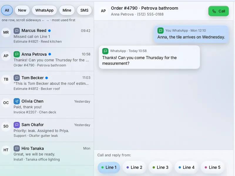 Secureline inbox with example data: each conversation under its topic, such as an order or an estimate, and one topic open with its messages