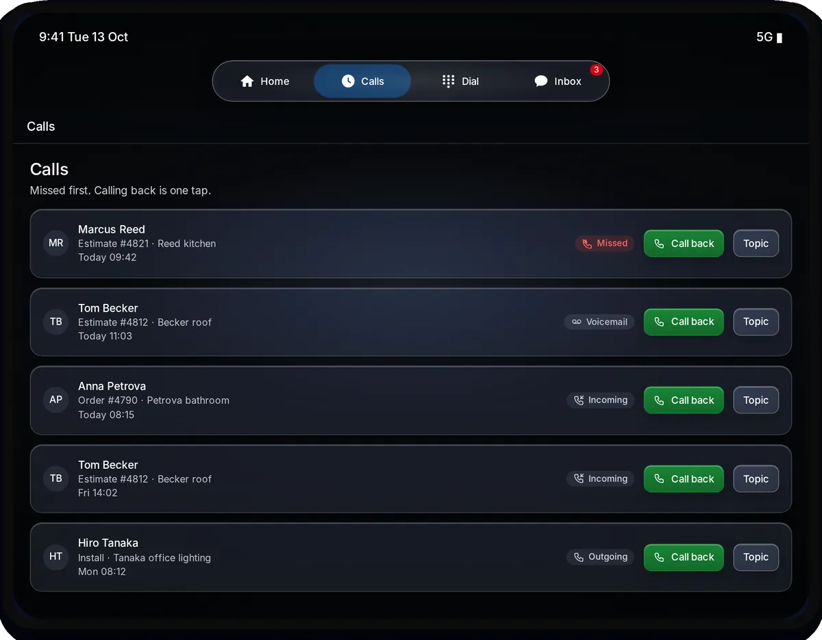 Secureline on an iPad, dark theme, with example data: the Calls list with missed, voicemail, incoming and outgoing calls, each with Call back and its topic