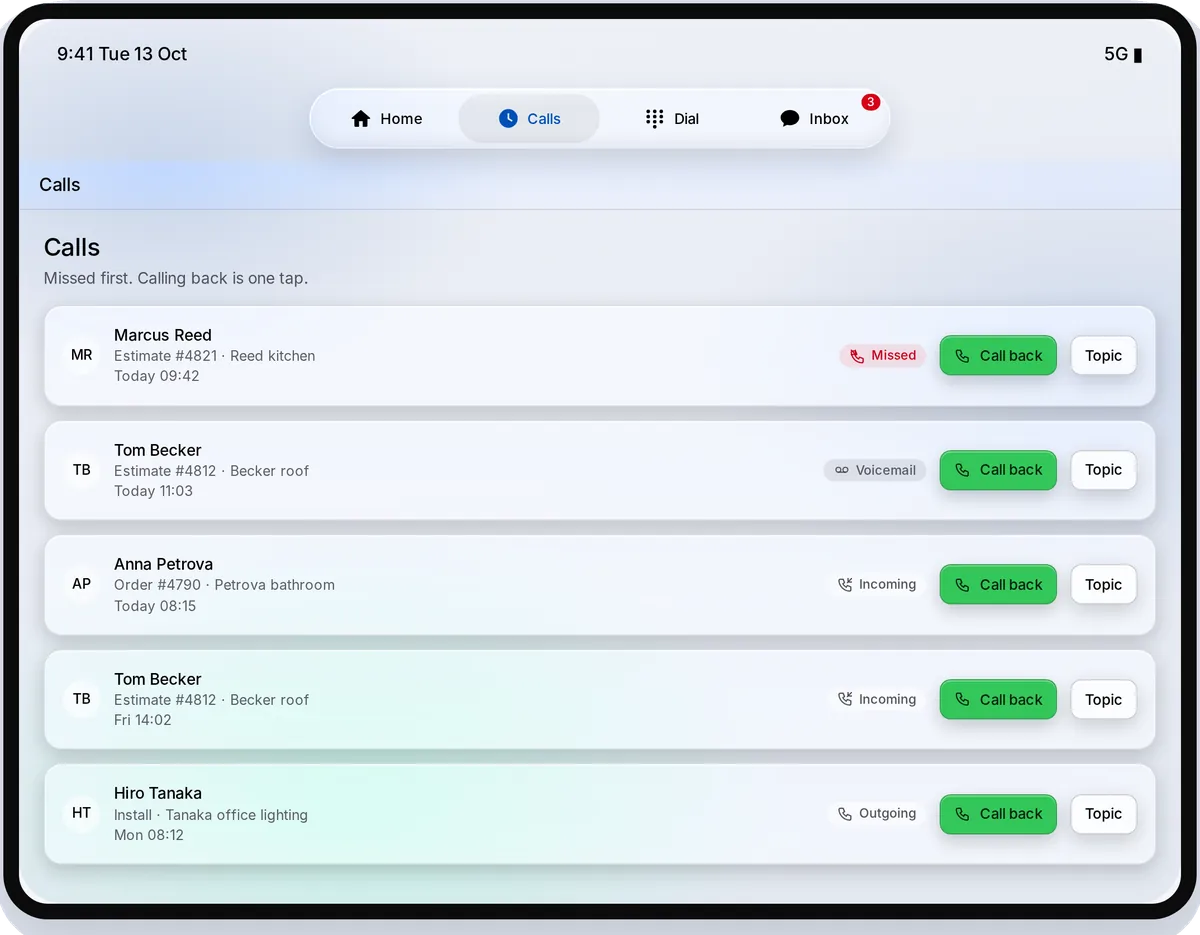 Secureline on an iPad, light theme, with example data: the Calls list with missed, voicemail, incoming and outgoing calls, each with Call back and its topic