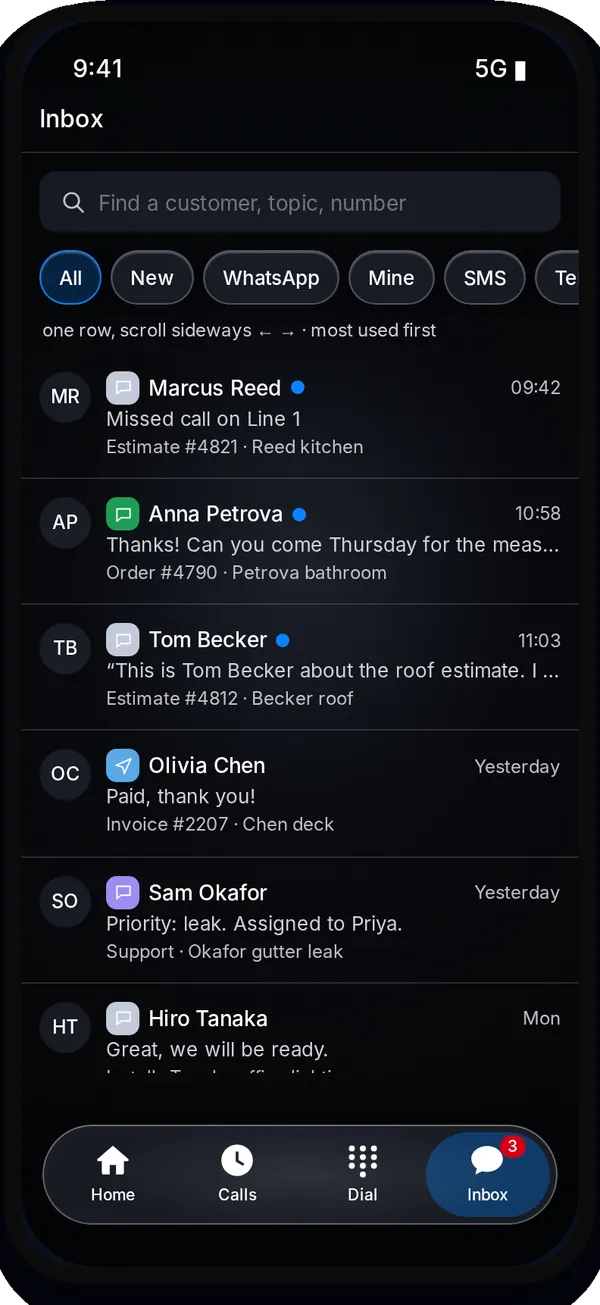 Secureline on an iPhone with example data: one inbox for calls and messages, with Home, Calls, Dial and Inbox at the bottom