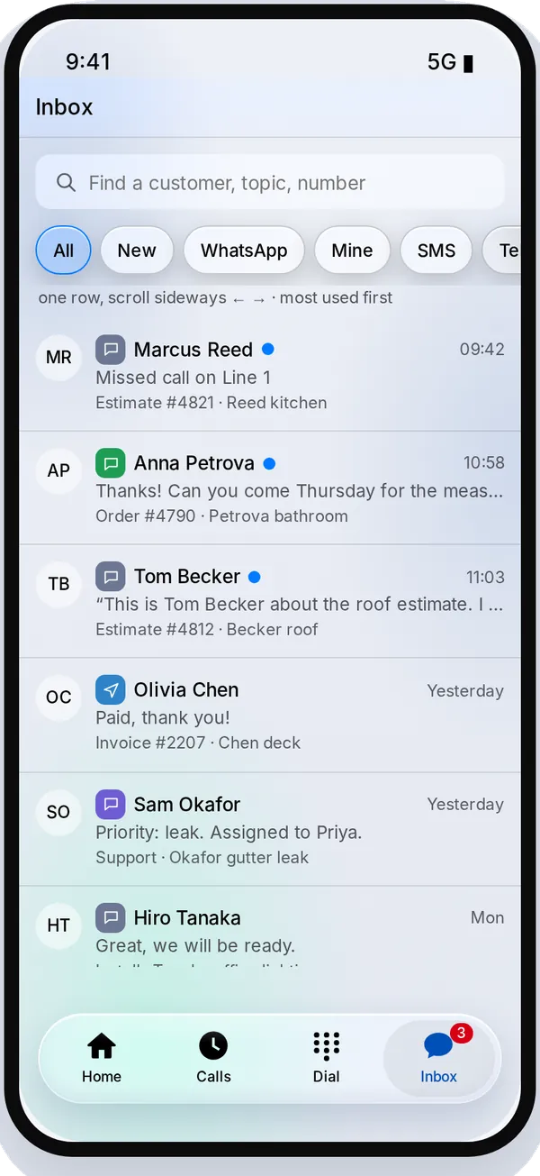 Secureline on an iPhone with example data: one inbox for calls and messages, with Home, Calls, Dial and Inbox at the bottom