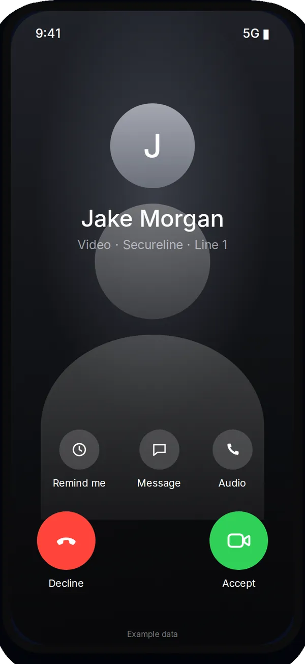 Secureline on an iPhone with example data: an incoming video call on Line 1, with Decline and Accept