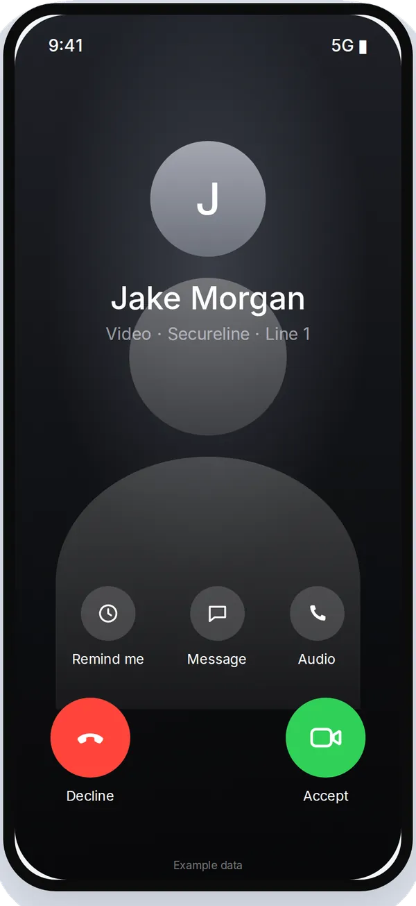Secureline on an iPhone with example data: an incoming video call on Line 1, with Decline and Accept