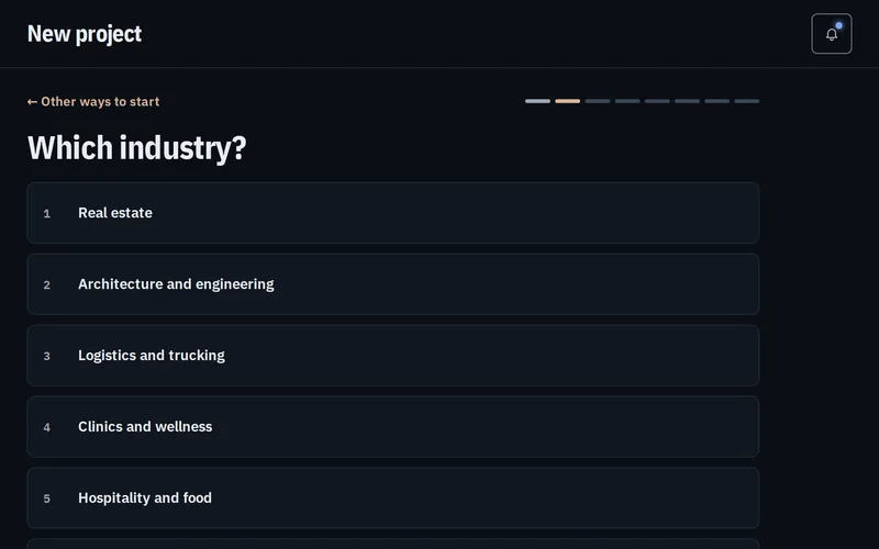 The New project screen of the Studio prototype, dark theme, with example data: the question Which industry? and a list of industries