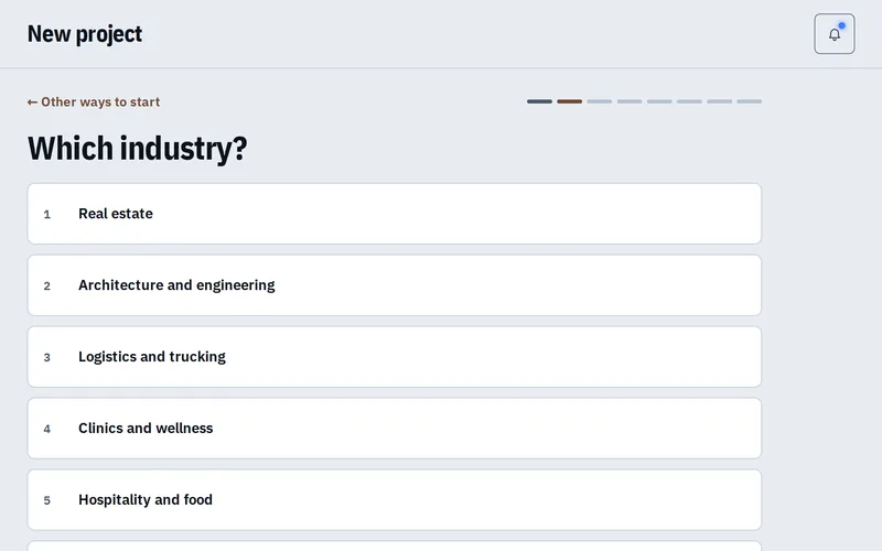 The New project screen of the Studio prototype, light theme, with example data: the question Which industry? and a list of industries