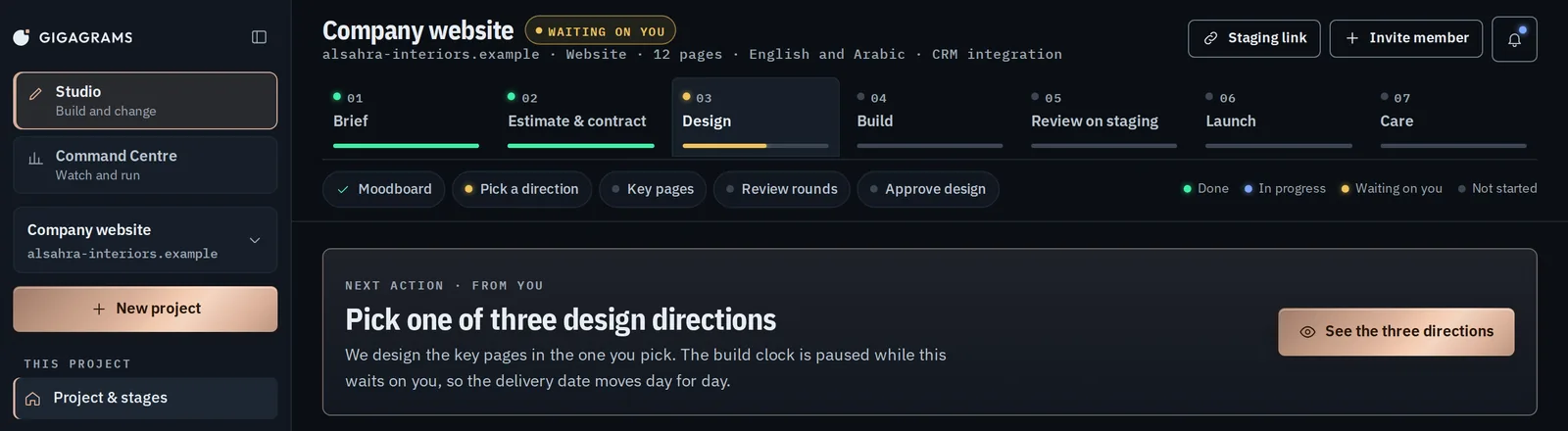 A project in the Studio prototype, dark theme, with example data: seven stages from Brief to Care, Design in progress, and the next action for the client
