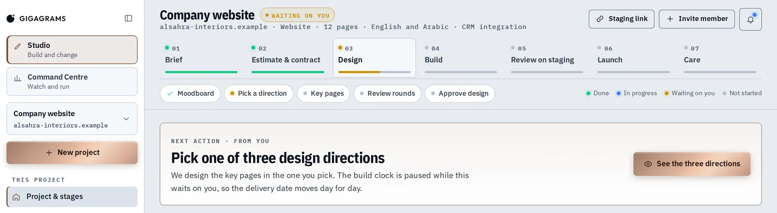 A project in the Studio prototype, light theme, with example data: seven stages from Brief to Care, Design in progress, and the next action for the client