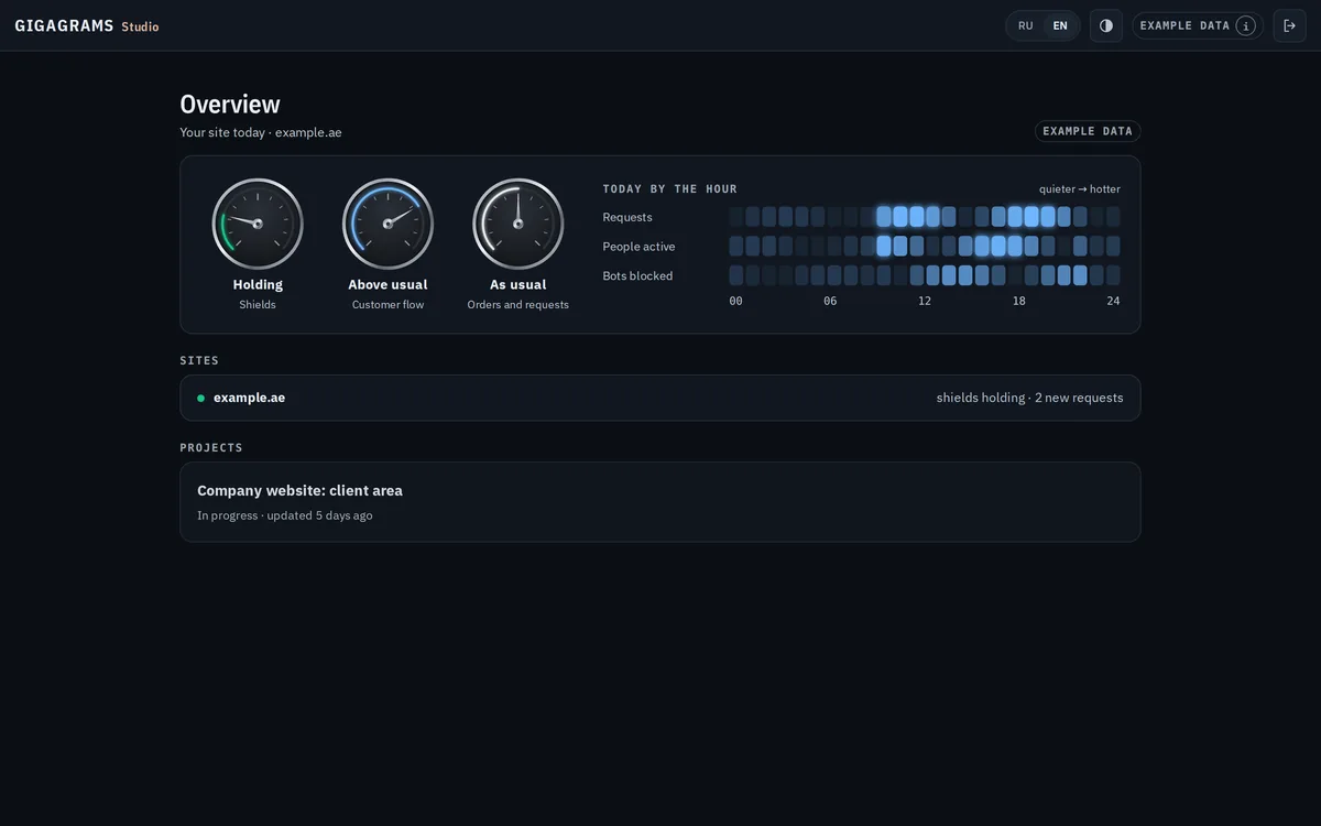 Design of the Studio overview for one site, example data: three round gauges, a blue strip of requests, people and blocked bots by the hour, the site example.ae and one project in progress