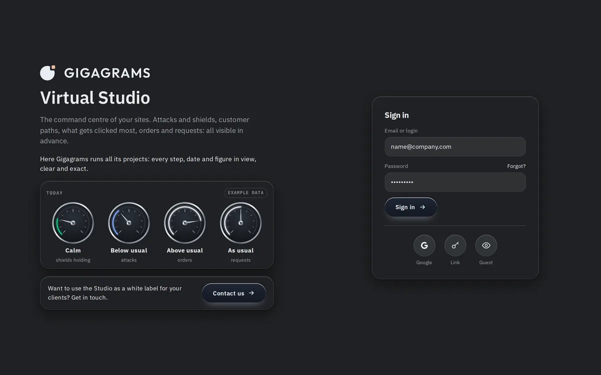 Design of the Virtual Studio sign-in, example data: the Gigagrams logo, four round gauges for today, a white label contact line, and a sign-in card with email, password, Google, link and guest