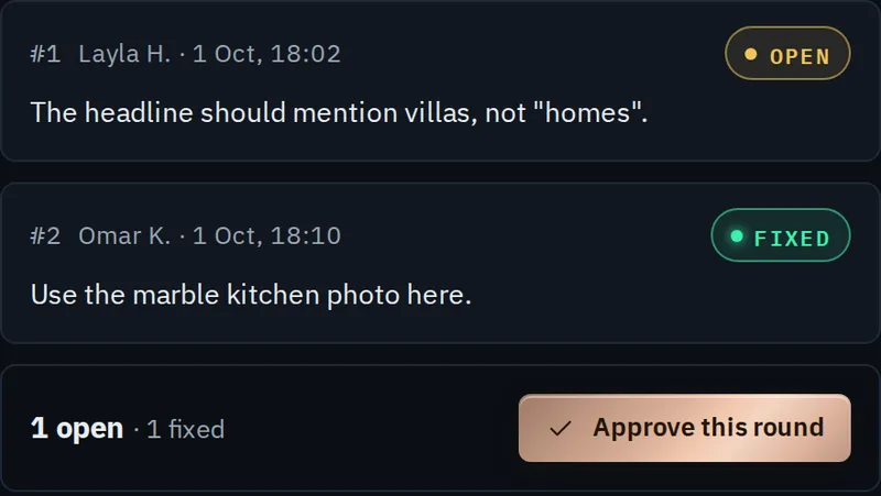 Comments on a staging page in the Studio prototype, dark theme, with example data: comment 1 open, comment 2 fixed, and an Approve this round button