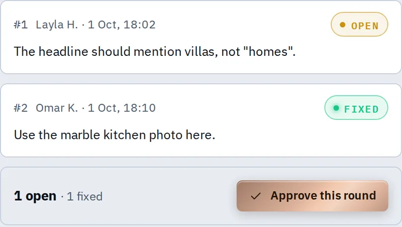 Comments on a staging page in the Studio prototype, light theme, with example data: comment 1 open, comment 2 fixed, and an Approve this round button