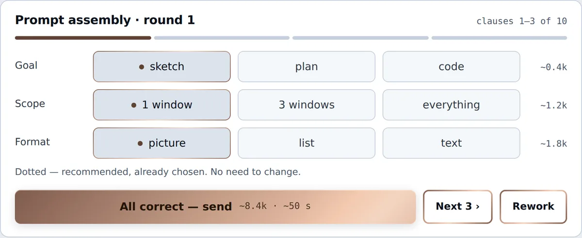The AI Console prompt builder: goal, scope and format chosen with buttons