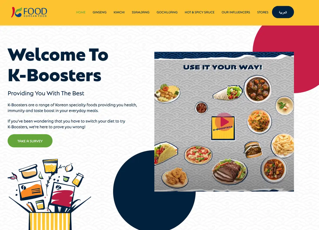 K-Boosters microsite home: Welcome to K-Boosters beside a board of Korean dishes