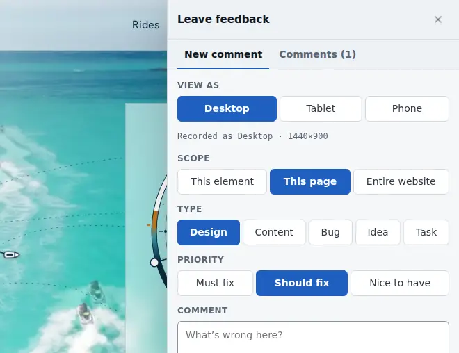 The review panel open on a staging site: view, scope, type, priority and a comment box