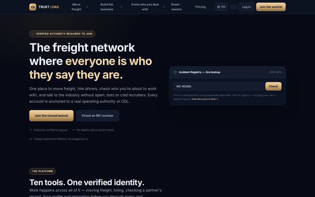 Trust Load: home page of its website, not yet live, with the incident registry lookup on demo data